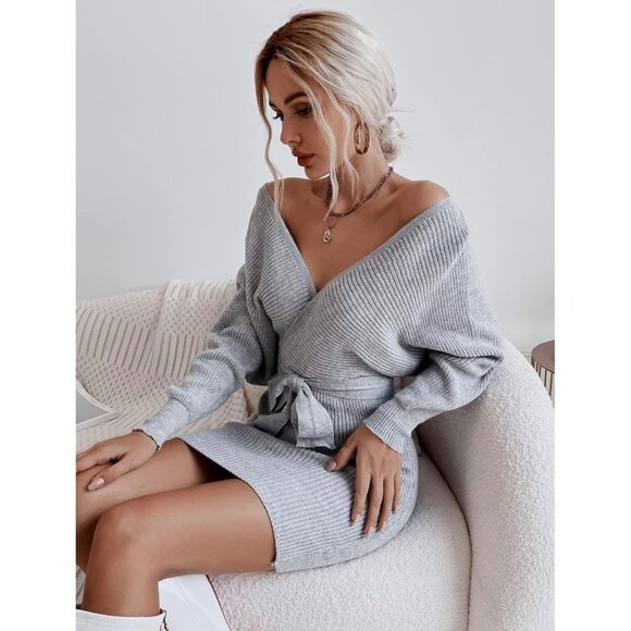 Womens Gray Batwing Sleeve Wrap Sweater Dress Belted Cutout Back size Large - Picture 5 of 15
